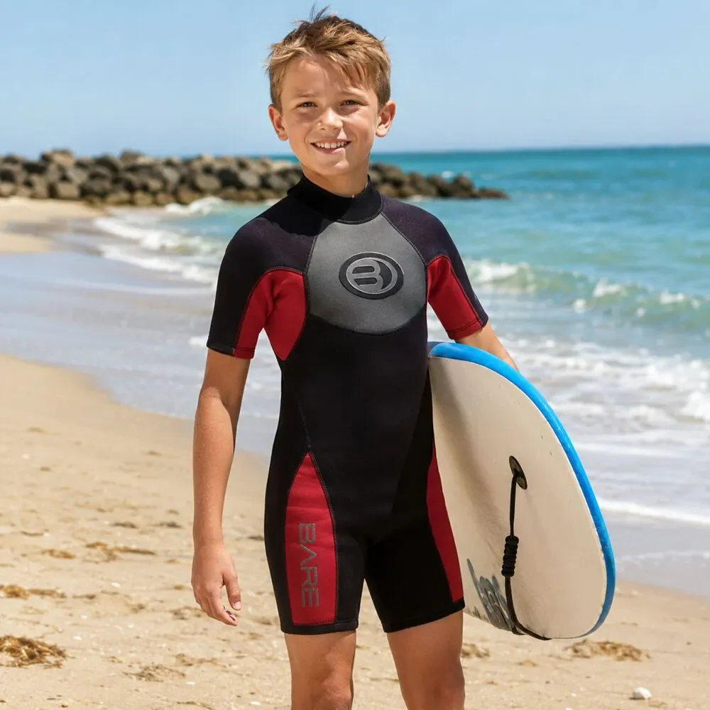 Kids Shorty Wetsuit Youth Medium 8 10 Black Red Neoprene Surf Swim Beach Ready